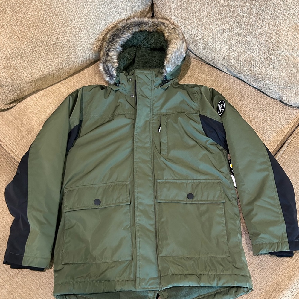 Kids Green Winter Jacket with removable Faux Fur Hood